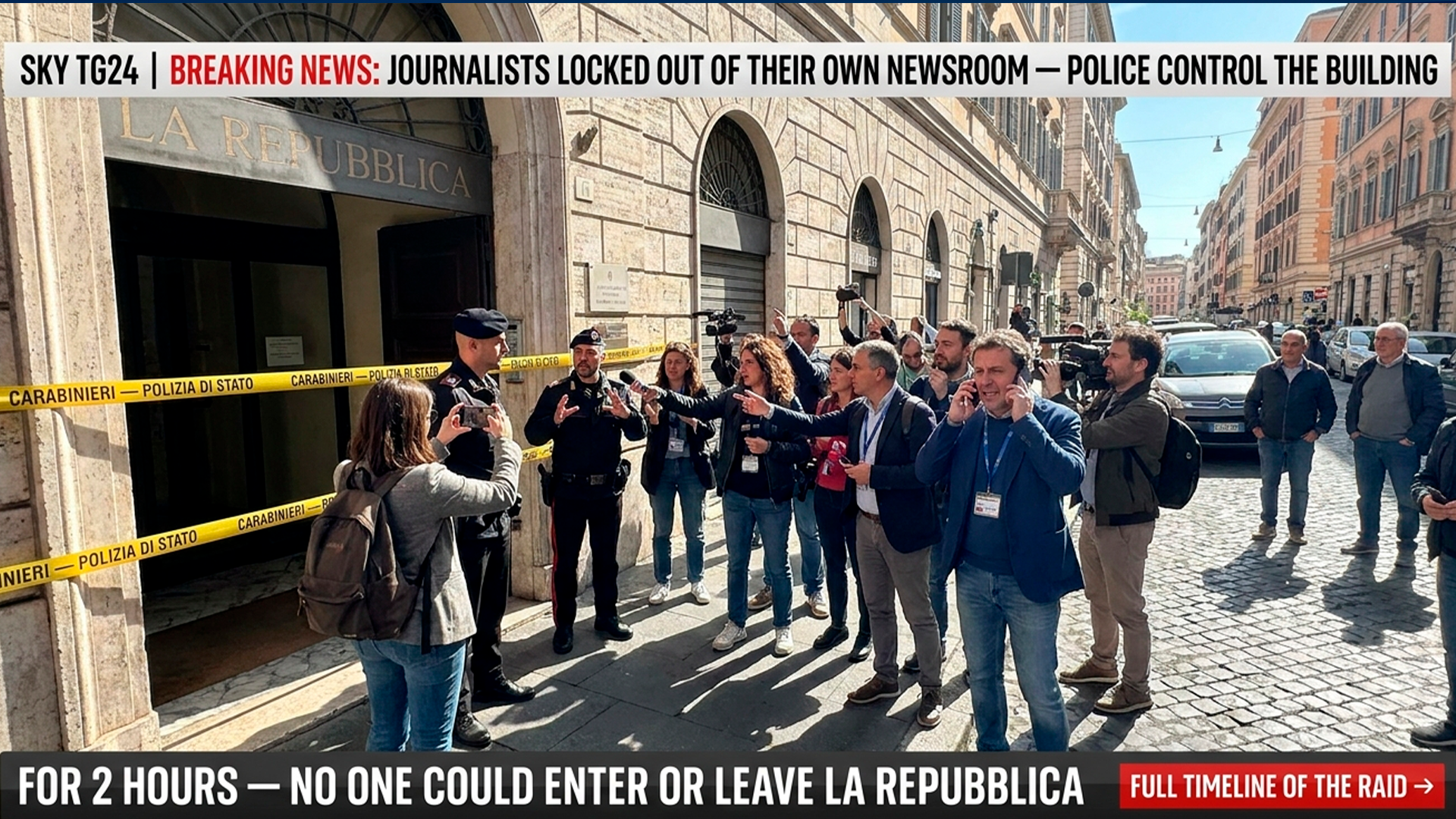 Police vehicles outside La Repubblica editorial office in Rome